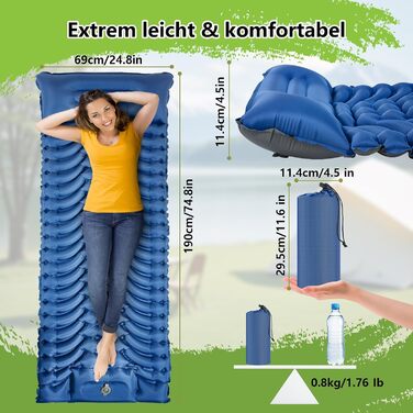 MEIJO Саморозгортальний килимок для кемпінгу, ізомат, туристичний килимок, самонадувна повітряна матрац для відпочинку на природі, похідів, кемпінгу, пляжу, блакитний & сірий