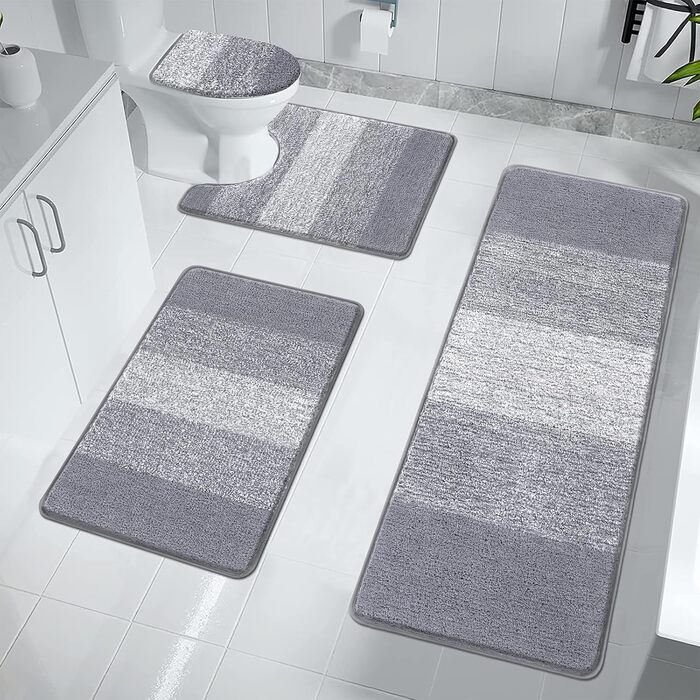 Enyhom 4-Piece Microfiber Bath Mat Set - Non-Slip Bathroom Rugs & Toilet Lid Cover (Grey, 45x65cm, 45x120cm, 50x60cm, 48x53cm)