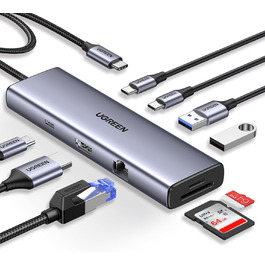 Хаб UGREEN Revodok 109 USB-C з HDMI 4K 60Hz, PD 100W, Gigabit Ethernet, SD/TF, 2xUSB-C, 2xUSB-A - сумісний з iPhone, MacBook, iPad, Surface, Galaxy
