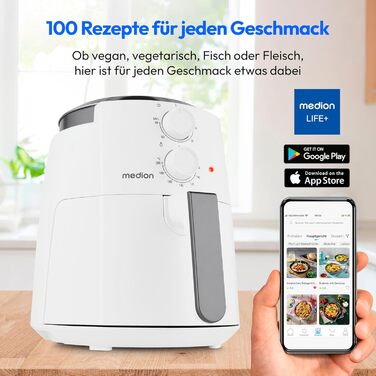 Аерофритюрниця MEDION P30 (4.7л, 1500 Вт) - Безмасляна, з таймером 60 хв, антипригарне покриття, до 200°C, біла