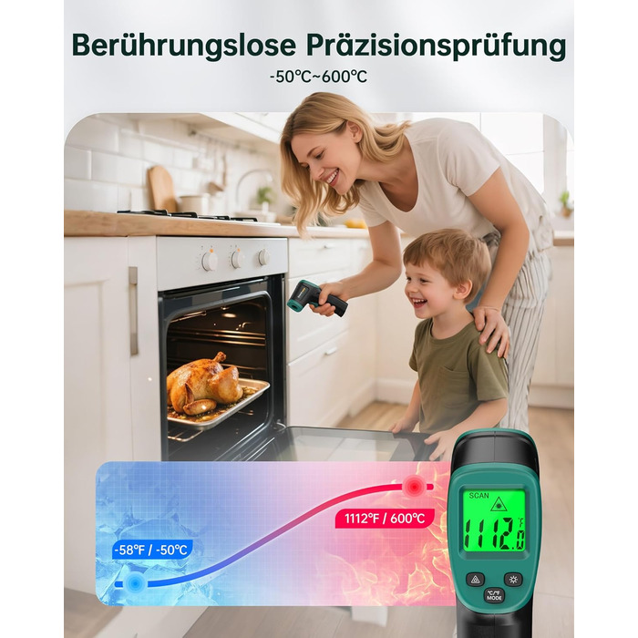 Інфрачервоний термометр ERICKHILL -50℃~800℃: безконтактний лазерний термометр з LCD-дисплеєм, регульований коефіцієнт випромінювання. Підходить для приготування їжі, грилю, заморожування, промисловості