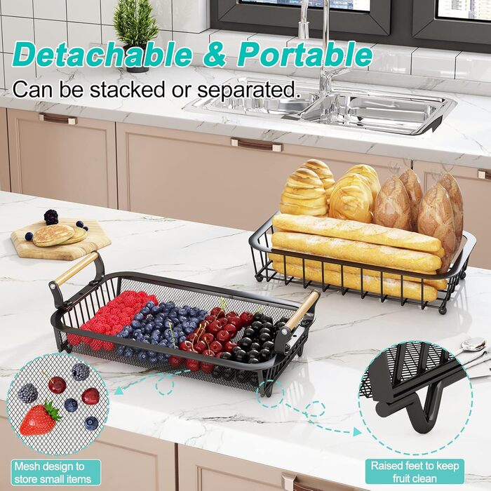 3-Tier Fruit Basket with 2 Banana Hangers for Kitchen Countertop, Vegetable Countertop, Storage Holder, Large Capacity, Metal Wire, Fruit Stand, Organizer for Onion, Snack, Black (Black-2 Tiers (with Banana Hangers))