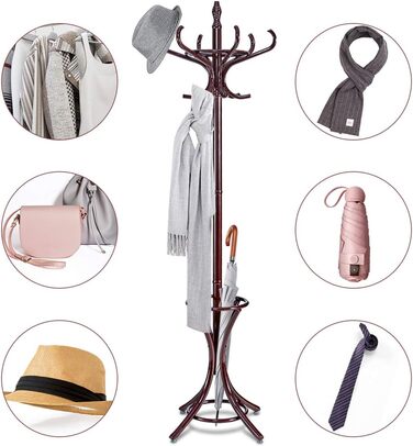 COSTWAY 184cm Wardrobe Rack with Umbrella Holder, Coat Rack with 12 Clothes Hooks, Clothes Rack made of Wood, Freestanding Wardrobe for Entryway, Living Room and Bedroom (Brown)
