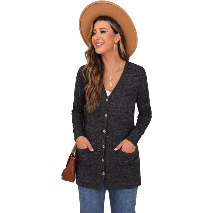 Жіночий трикотажний кардиган GRECERELLE з довгими рукавами, V-подібний виріз, з кишенями та ґудзиками, м'який, елегантний, сірий, осінь