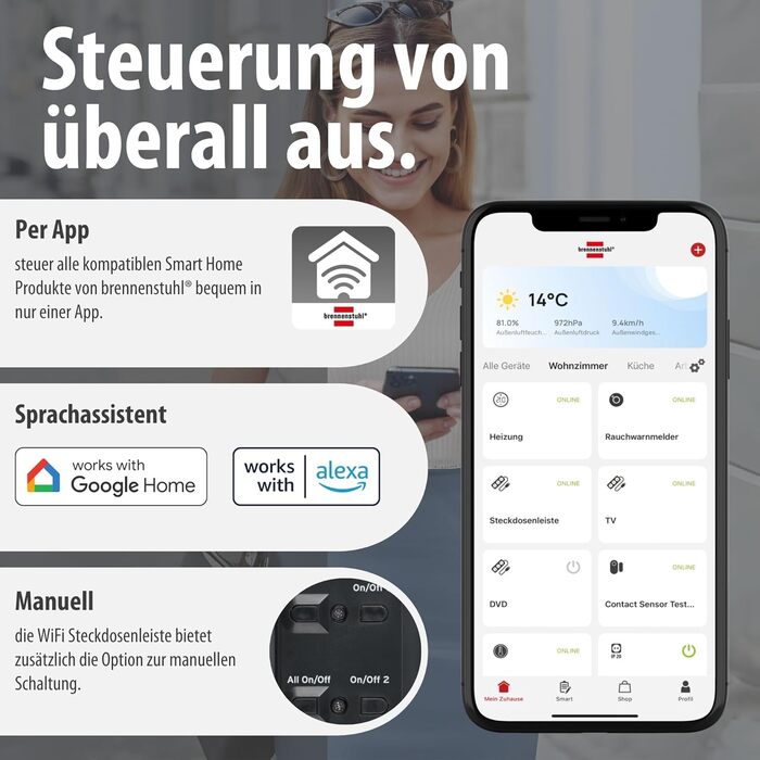 Розумний подовжувач Brennenstuhl Connect Eco-Line WiFi на 6 розеток, керування через додаток, Alexa та Google Assistant, кабель 1.5м, чорний