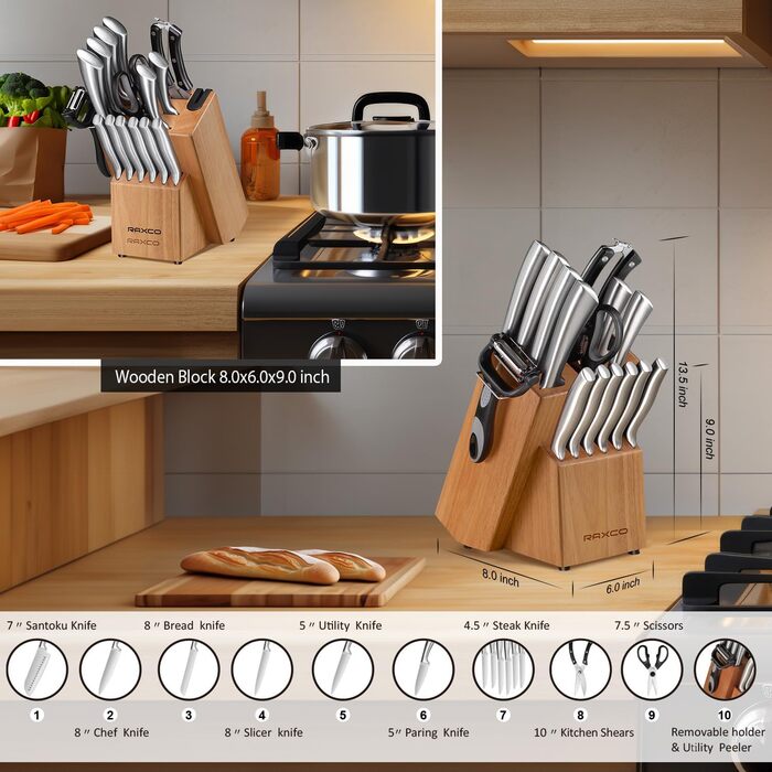 Набір кухонних ножів RAXCO, 18 предметів: кухонні ножі, стекові ножі, шліфувальник, з бруском