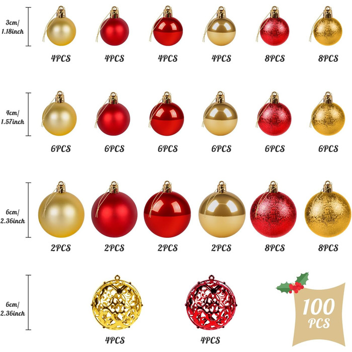 Набір прикрас на ялинку: новорічні кулі Рожево-золоті, 100 шт., різні розміри (3см, 4см, 6см), пластик