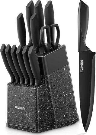 FOHERE 13-Piece Stainless Steel Knife Set with Block & Sharpener - Ergonomic Black Granite Handles