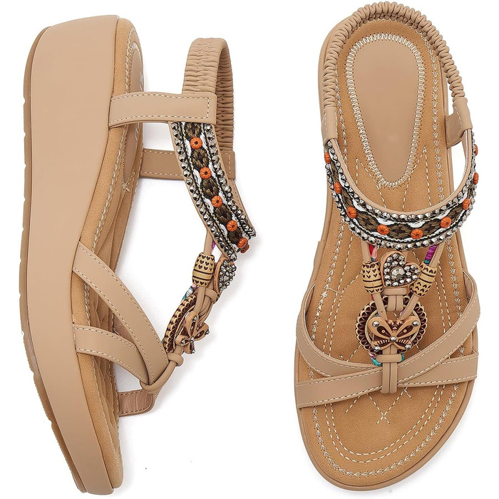 Босоніжки жіночі літні на танкетці Keilsandalen Aprikose 38 EU - елегантні з перлинами та стразами для пляжу