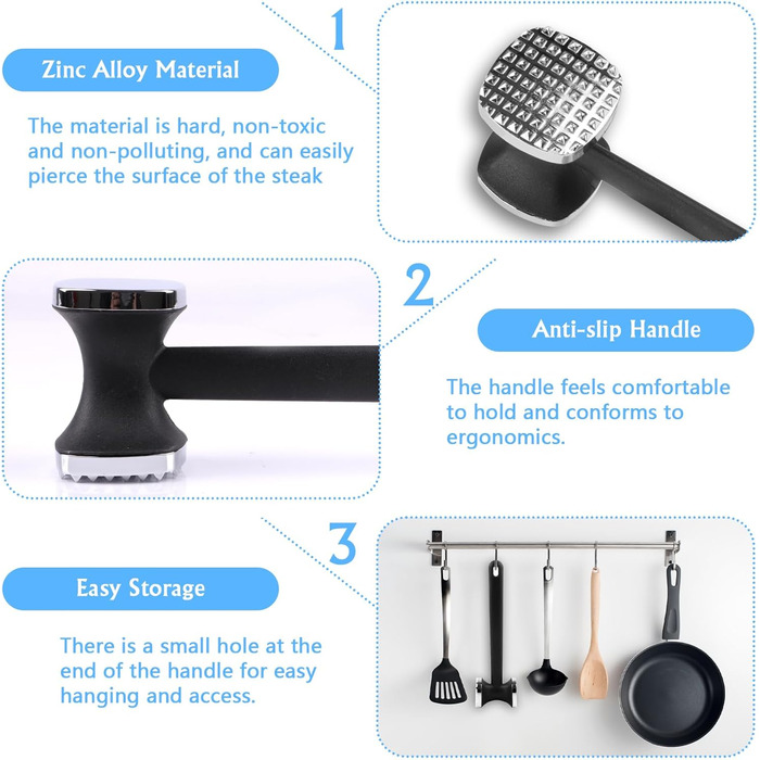 Топчик для відбивання м'яса Deepton з цинкової сплави, 24 см, двосторонній, з неслизькою ручкою, срібного кольору. Ідеально для відбивання шніцелів, яловичини, курки.