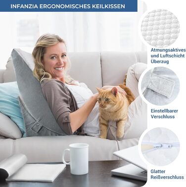 Регульоване клиновий подушник, ергономічний подушник з валиком для шиї з високощільним пінополіуретаном для ліжка та дивана. Підходить для лікування рефлюксу, апное уві сні, для читання, ігор та перегляду телевізора