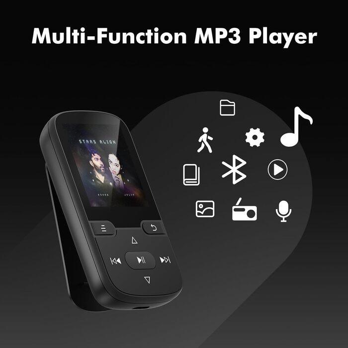 MP3 плеєр Bluetooth 5.3 з кліпсою, HiFi спортивний плеєр для дітей з FM-радіо, диктофоном та крокоміром, 64GB, чорний