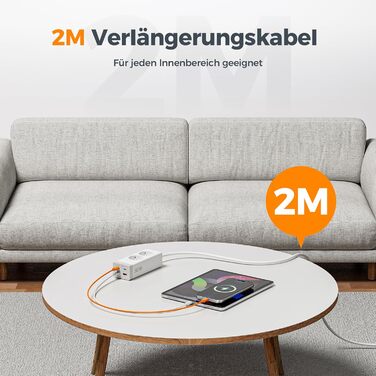 TESSAN Розподільник розеток USB-C 30W з GaN, 2 розетки, 2м кабель, захист від перенапруги 3600W, білий