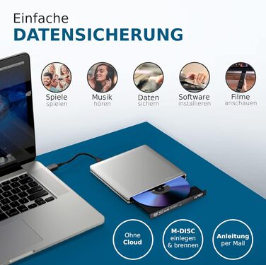 Зовнішній Blu-ray привід techPulse120 UHD 4K 3D M-Disc BDXL, USB 3.0 та USB-C, для ноутбуків та ПК (Windows, Mac OS), алюміній, сріблястий