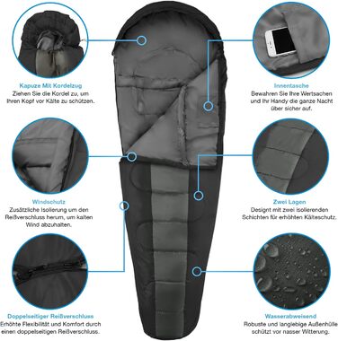 Сплячий мішок Active Era Mumienschlafsack - зимовий та літній, водонепроникний, вітрозахисний, ультралегкий, температурний режим -10°C до 10°C, компактний, для кемпінгу (чорний)