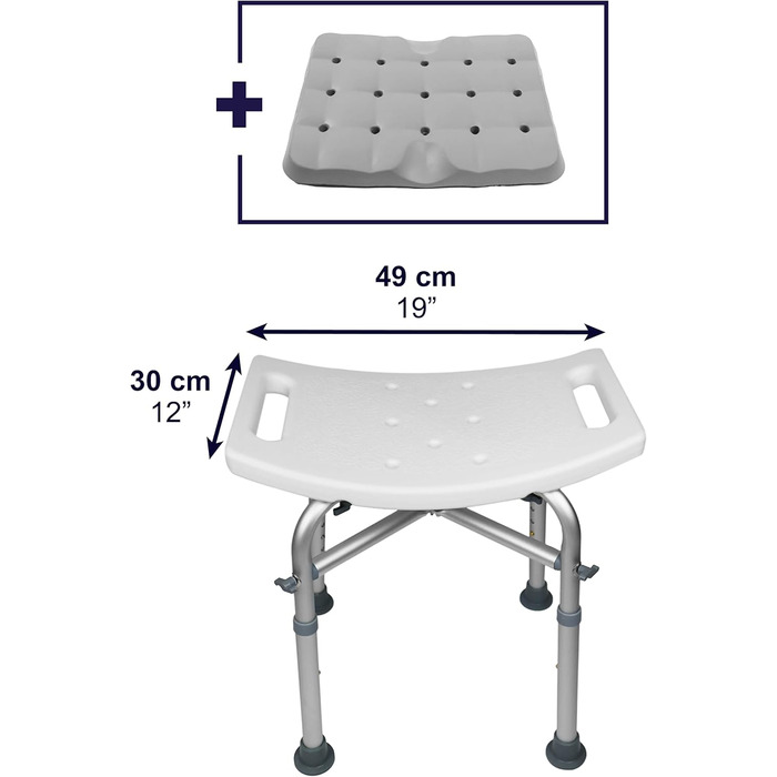 KMINA Shower Stool for Seniors - 150 kg Capacity, Double-Reinforced Crossbar, Cushion, Height Adjustable, Tool-Free Assembly - Made in Europe (White)