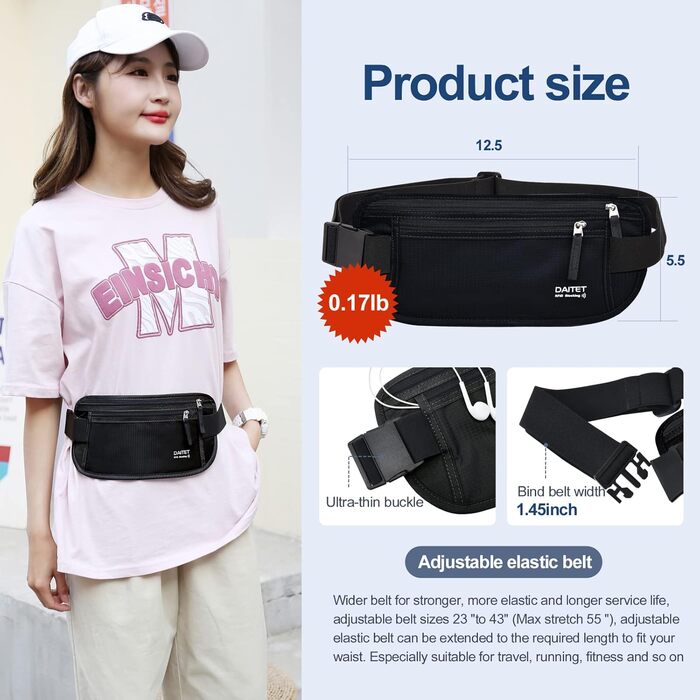 RFID-захисний пояс-сумка для грошей для чоловіків та жінок, чорний, ширина пояса 3.7 см