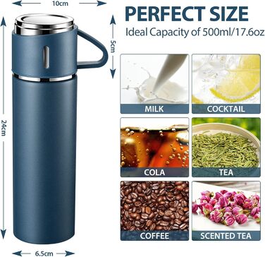 500ml Stainless Steel Thermos Flask with Cup and Handle - Leakproof Vacuum Insulated Travel Bottle for Kids, Sports (Black & Blue)