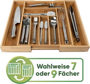 Loco Bird Cutlery Box for Drawers made of Bamboo - Adjustable Drawer Organizer Kitchen Wood - Cutlery Insert for Drawers Pull-out up to 50cm - Drawer Insert Kitchen - Cutlery Organizer