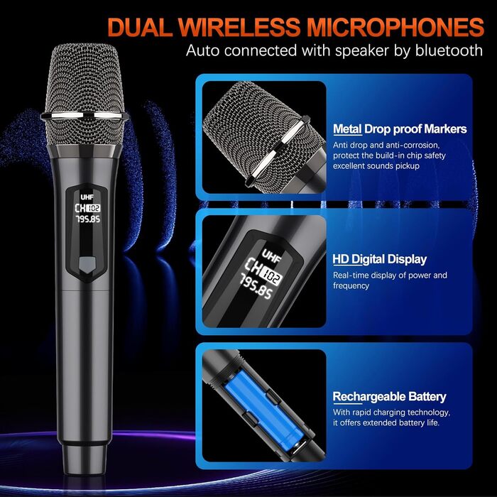 Караоке машина з 2 бездротовими мікрофонами, Bluetooth колонка з RGB-підсвіткою для дорослих/дітей, караоке апарат для дому, вечірок, PA-система, Party Box, Black-2Mic