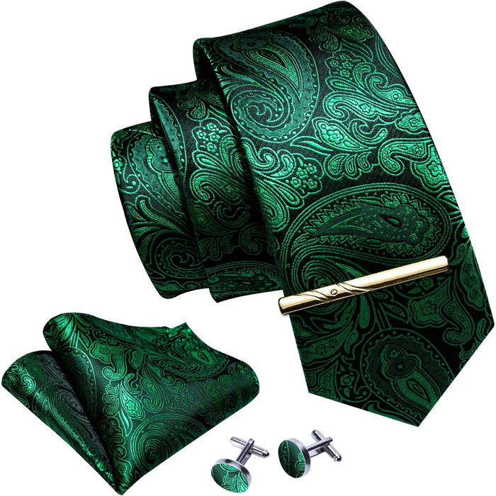 Краватка Barry.Wang з кишеньковим хустинкою, однотонний павільоний дизайн, атлас, набір для весілля, смарагдово-зелений