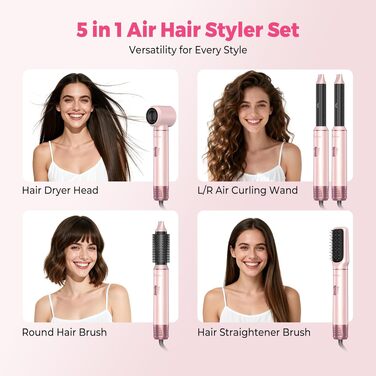 Мультистайлер для волосся 5 в 1 Atopskins Air Styler 1000W: фен-щітка, вирівнювач та плойка для сушіння, завивки та гладкого волосся, колір Creamrosa