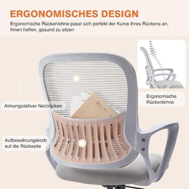 Ергономічне крісло Sweetcrispy для офісу та дому, з регулюванням висоти та підтримкою попереку, з підлокітниками (сірий)