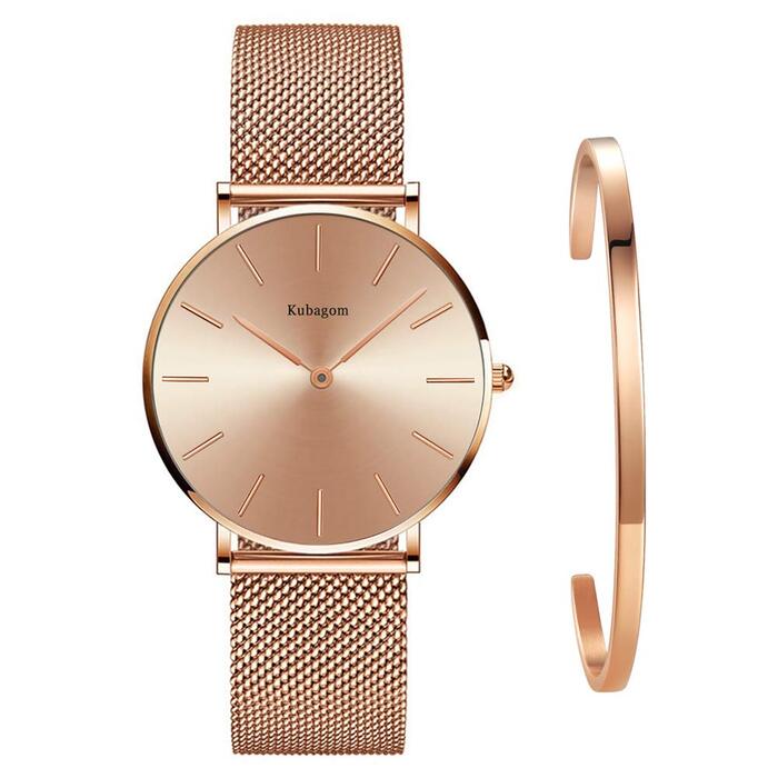 Жіночий годинник аналоговий кварцовий з нержавіючої сталі, водонепроникний, з мікросіткою, ультратонкий комплект з браслетом (рожеве золото, рожеве золото, рожеве золото)