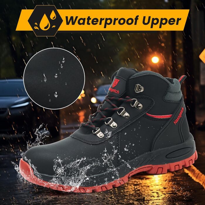 Черевики робочі зимові водонепроникні з металевим підсилювачем для жінок та чоловіків. Зимові робочі черевики, захисні черевики, антиковзаючі, чорно-червоні (39 EU)