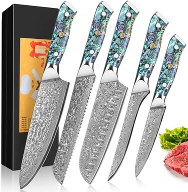 Набір кухонних ножів Damast Santoku 5шт з лезом 18 см (VG-10 сталь, ручка Abalone), подарункова коробка