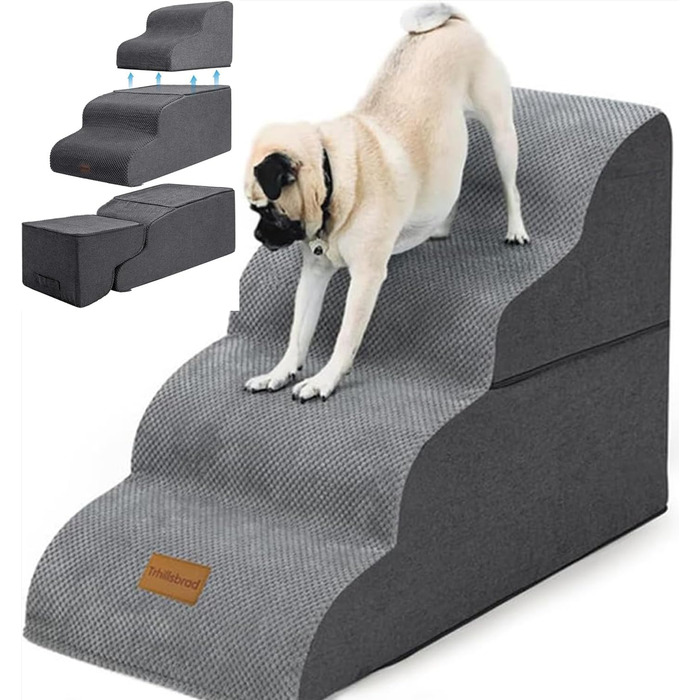 Trhillsbrad Dog Stairs, 5 Steps for Small Dogs, High-Density Foam Pet Stairs, Washable Cover and Non-Slip Bottom (Foldable Dog Stairs, 4 Steps)