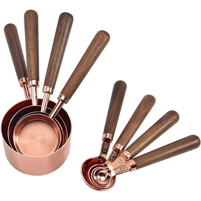 FBHappiness Measuring Spoon, Measuring Spoon with Walnut Handle, Copper-Plated Measuring Spoon, Measuring Cup Set, Kitchen and Baking Utensils (Gold, Measuring Spoons, 4 Pieces) (Golden Measuring Spoons, 4 Pieces)
