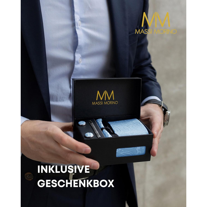 Комплект чоловічий Massi Morino: краватка, нагрудна хустка, запонки, зажим для краватки, подарункова коробка - блакитний Paisley, універсальний розмір. Для весілля.