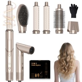 Набір для стайлінгу волосся 5 в 1 Atopskins Air Styler 1400W: іонний фен, вирівнювач, плойка Auto-Wrap та круглі щітки для об'єму та гладкості, Gold