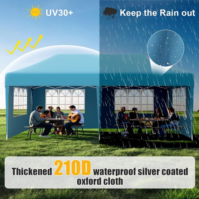 Devoko Gazebo, 2x2 Meter Waterproof, Stable, Winter-Proof Gazebo with 3 Height Adjustments, Foldable Gazebo with UV Protection 50+, Folding Tent, Gazebo with Carrying Bag, For Garden, Outdoor, Camping (3x6m, 6 Side Walls, Blue)