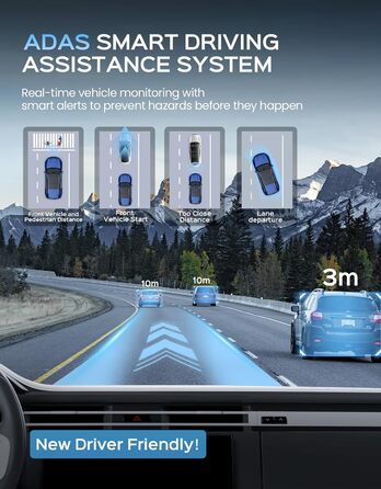 Відеореєстратор TECXERLLON 4K з ADAS, GPS, WDR, G-сенсором та нічним баченням, 24/7 парковка, 128GB карта в комплекті