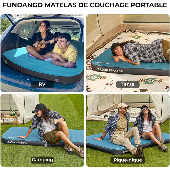Килимок для кемпінгу Fundango самонадувний, 9.5 R-значення, піна-пам'ять, 10 см товщина, 3D посилення, м'яка оксамитова поверхня, для намету, подорожей на авто (одинарний та подвійний розмір)