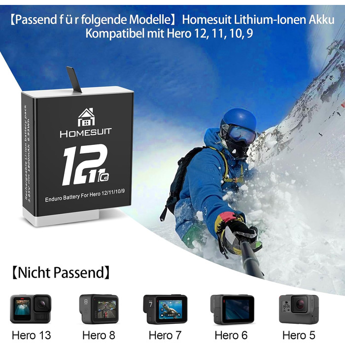 Акумулятор Homesuit Hero 12 1800mAh + LED зарядний пристрій USB-C (2 шт.) для GoPro Hero 12/11/10/9 Black