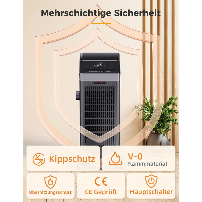 Електричний обігрівач QEXREED 2000W з PTC термостатом, 4 режими, таймер 24 год, дистанційне керування, захист від перегріву та перекидання, для дому та офісу