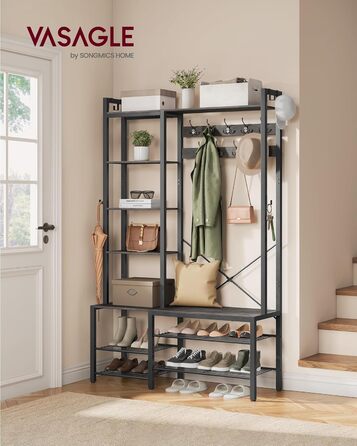 VASAGLE Coat Rack with Shoe Bench, Wardrobe, 5 Shelf Levels made of Particleboard, 9 Triple Hooks, 6 Side Hooks, 40 x 120 x 190 cm, Stone Grey-Ink Black HSR426B04