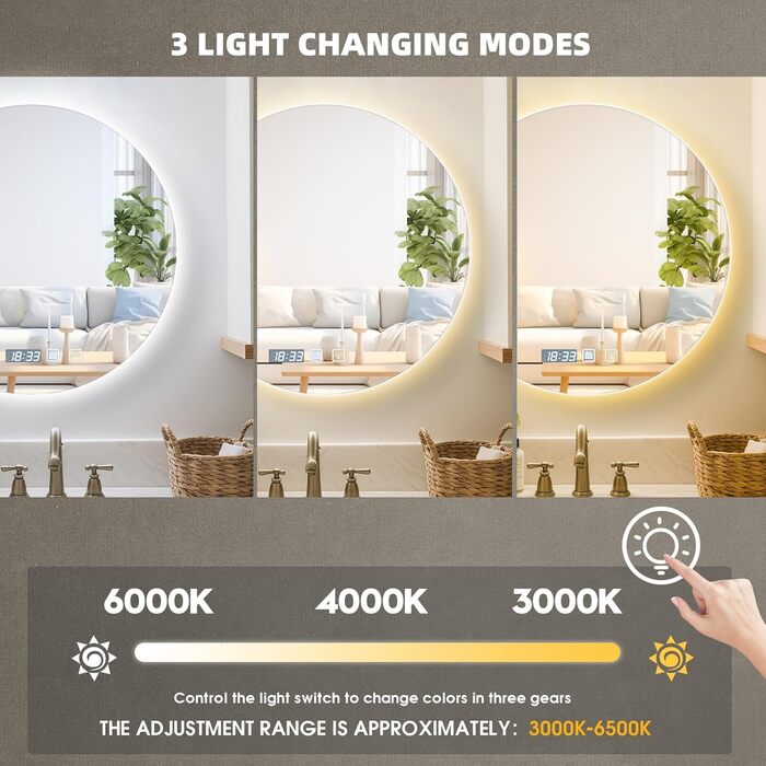 Дзеркало для ванної кімнати Viugreum з підсвічуванням 50x75 см, овальне LED дзеркало, регульована яскравість, 3 кольори світла, протитуманне покриття, годинник, сенсорна кнопка, LED дзеркало для ванної кімнати, вітальні (60 см кругле)
