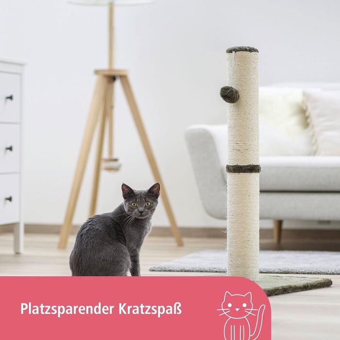 Дряпальня для котів Kerbl Opal Maxi, кігтеточка, сіра, з натурального сизалю, 38x38x78 см, для котів середніх розмірів, з мотузкою з сизалю, для догляду за кігтями, з плюшевою іграшкою