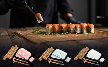 Набір для суші Exzact (10 шт.) – 2 тарілки, 2 миски для соусу, 2 підставки під столові прилади, 2 пари паличок для їжі – преміум-порицелан, подарункова коробка