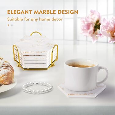 Marble-Style Coasters, Set of 6 - Drink Coasters for Wood Table with Metal Holder - Gold-Colored Ceramic Cup Set - Rustic Home Decor, Room Decor, Party (Luxury White-Gold Marble 01)