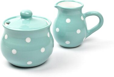 Sugar and Milk Set, Turquoise Milk Jug and Sugar Bowl with Hand-Painted White Dots, Sugar Bowl with Lid, Creamer made of Ceramic, Dishwasher Safe.