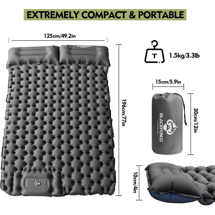 Double Camping Sleeping Pad with Built-in Pillow & Foot Pump - Lightweight Inflatable Mat for Camping, Backpacking, Hiking, Travel & Tent (Gray)