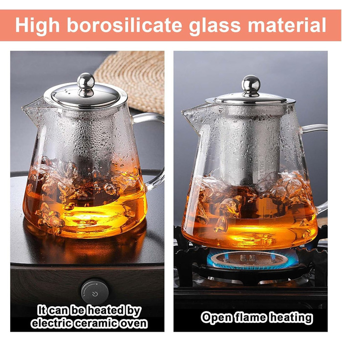 Скляний чайник для заварювання чаю з ситом та кришкою, термостійке боросилікатне скло, 1300 мл