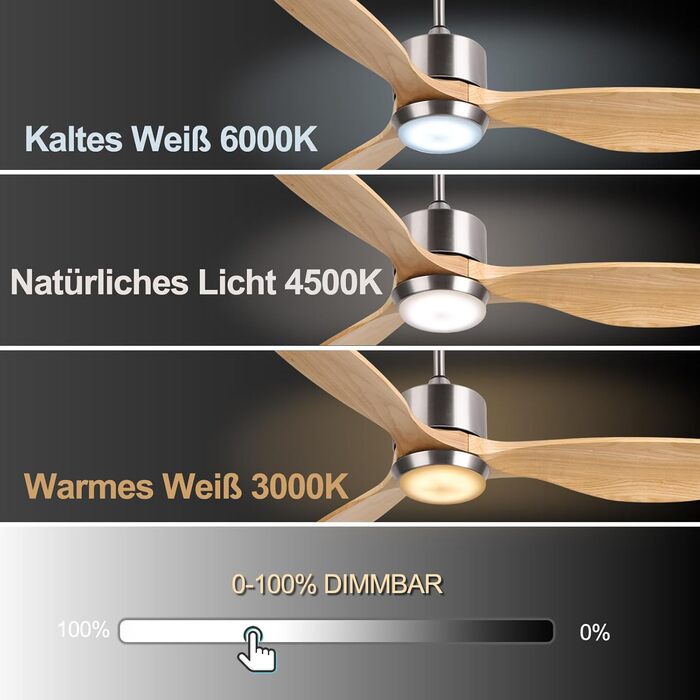 Deckenventilлятор Ovlaim 132 см з освітленням та пультом керування, тихий DC мотор, 3 лопаті, для дому, вітальні, спальні, Burlywood/Silver