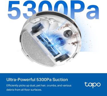Робот-пилосос Tapo RV20 Max Plus з функцією миття та автоматичною станцією самостійного очищення, 5300Pa, 83 мм, сумісний з Alexa & Google Assistant, білий