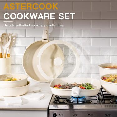 Набір посуду Astercook Keramik 21 предмет, керамічне антипригарне покриття, знімні ручки, для плити (індукція, духовка), кремово-білий